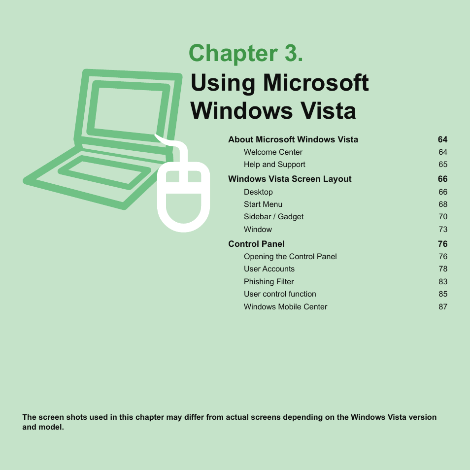 Chapter 3.using microsoft windows vista, Chapter 3, Using microsoft windows vista | Samsung NP-X22-K01-SEA User Manual | Page 64 / 200