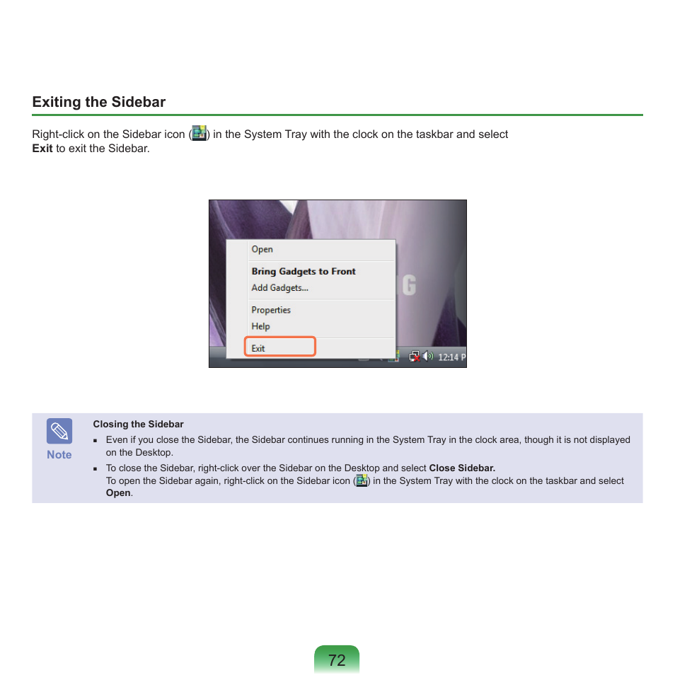 Exiting the sidebar | Samsung NP-X22-K01-SEA User Manual | Page 73 / 200