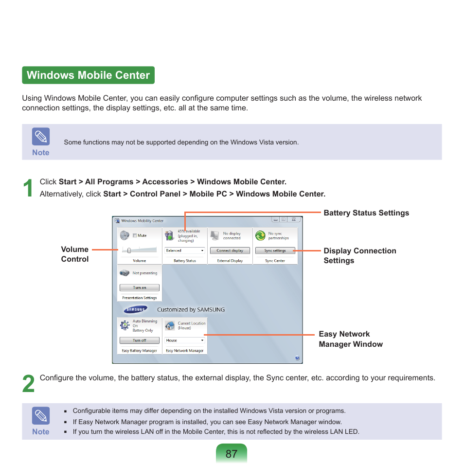 Windows mobile center, 87 windows mobile center | Samsung NP-X22-K01-SEA User Manual | Page 88 / 200