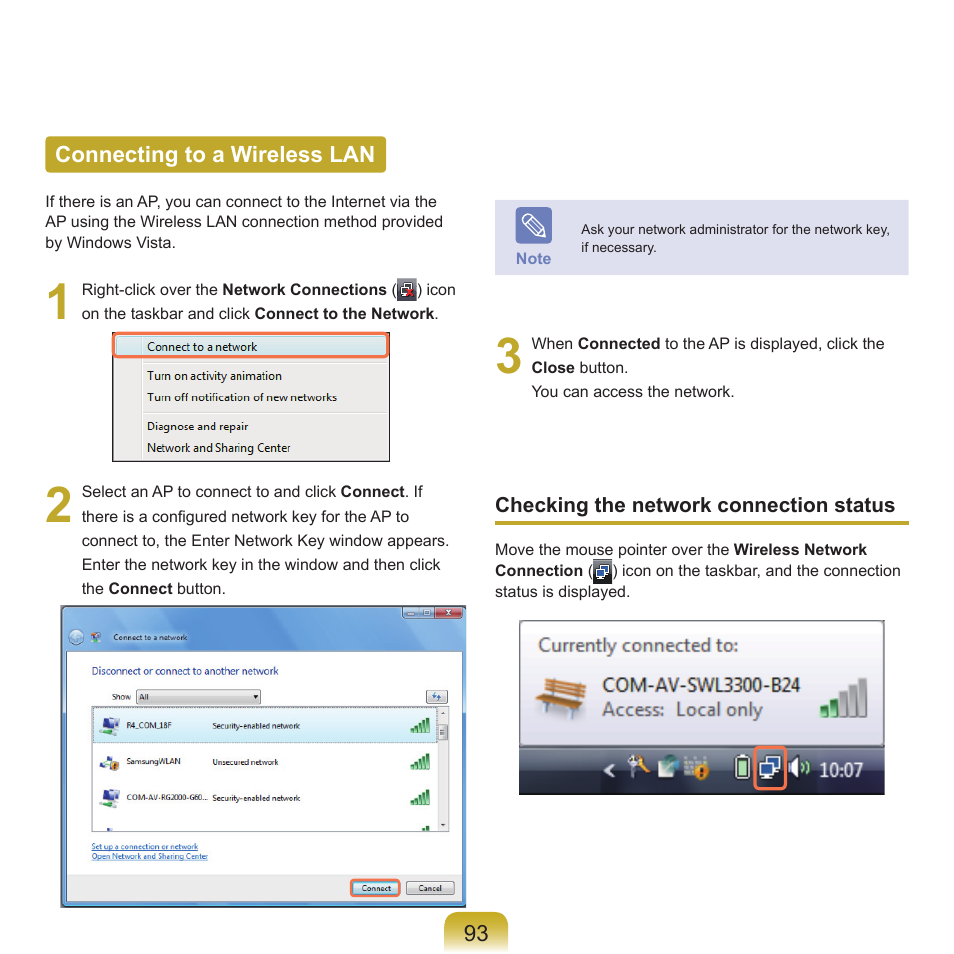 Connecting to a wireless lan | Samsung NP-X22-K01-SEA User Manual | Page 94 / 200