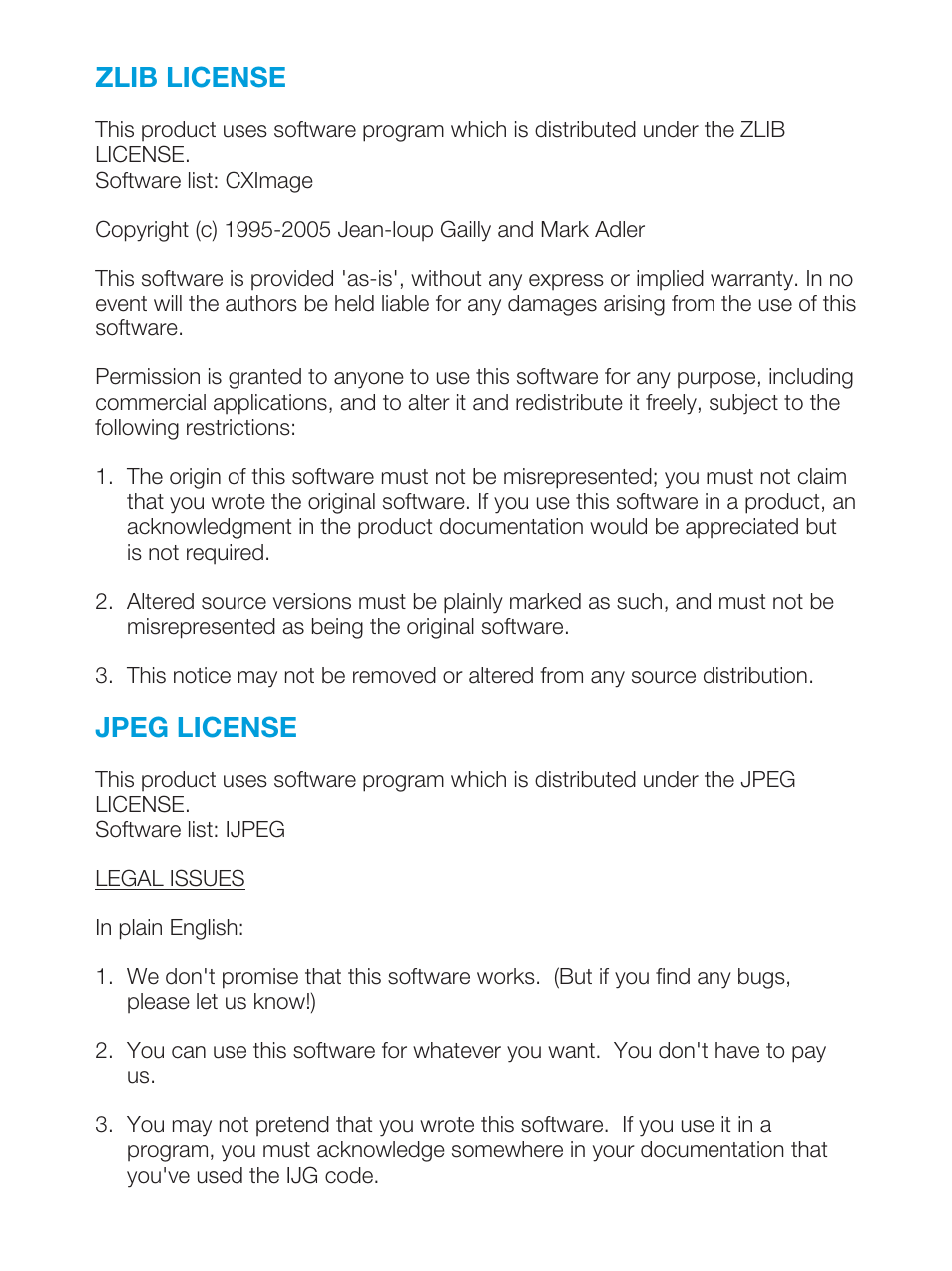 Zlib license, Jpeg license | Samsung HMX-M20BN-XAA User Manual | Page 7 / 9