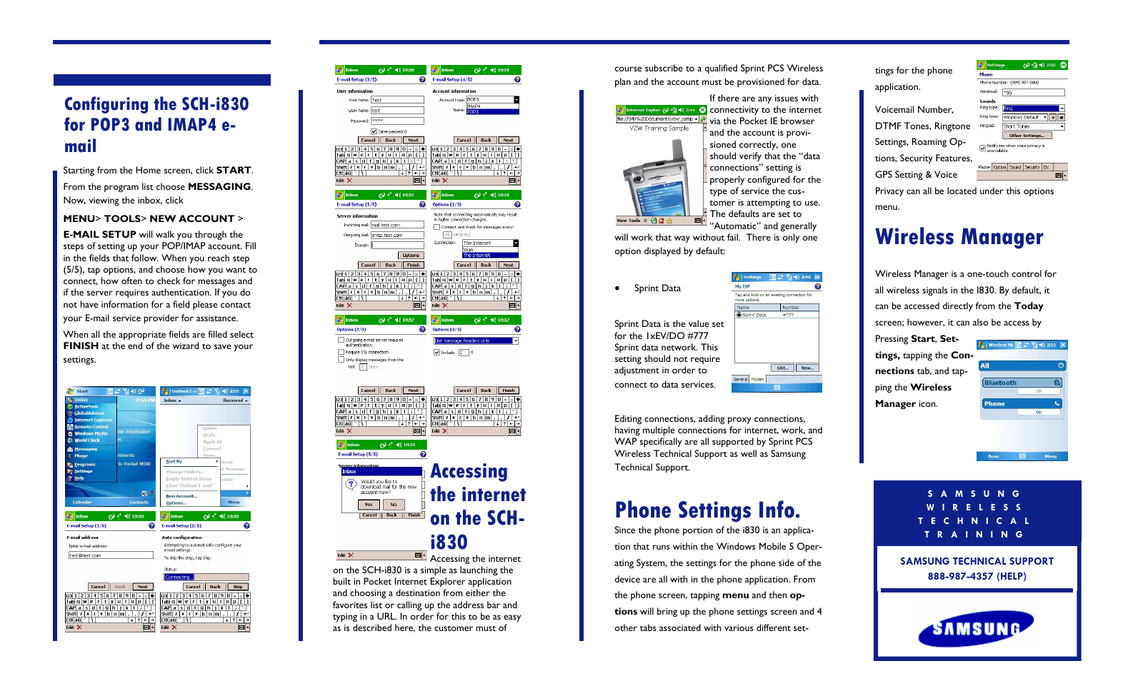 Phone settings info, Wireless manager, Accessing the internet on the sch- i830 | Samsung SCH-I830MSASPR User Manual | Page 2 / 2