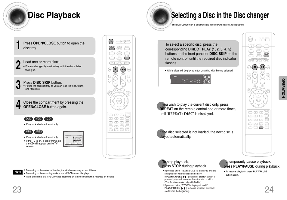Operation, Disc playback, Selecting a disc in the disc changer | 23 disc playback | Samsung HTDB650TH-XAA User Manual | Page 13 / 37