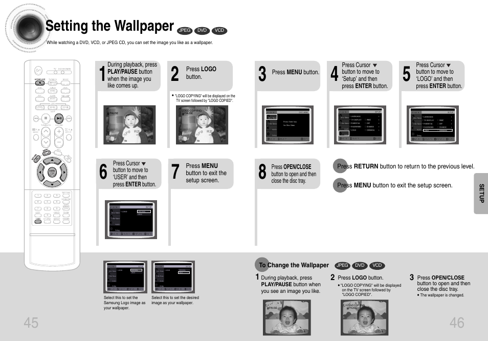 Setting the wallpaper, 45 46 setting the wallpaper | Samsung HTDB650TH-XAA User Manual | Page 24 / 37