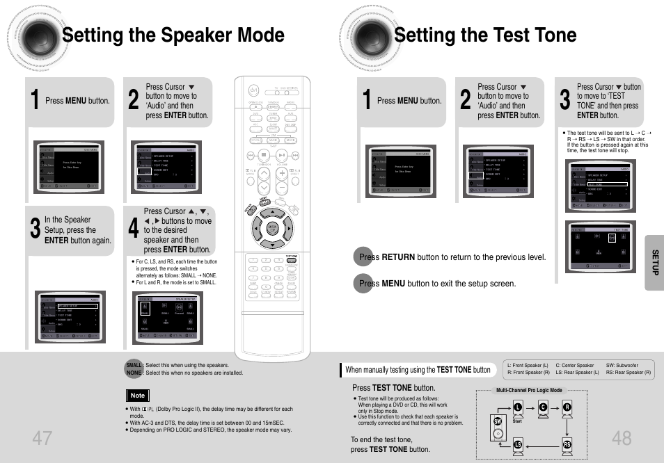Setting the speaker mode, Setting the test tone, Setting the speaker mode setting the test tone | Samsung HTDB650TH-XAA User Manual | Page 25 / 37