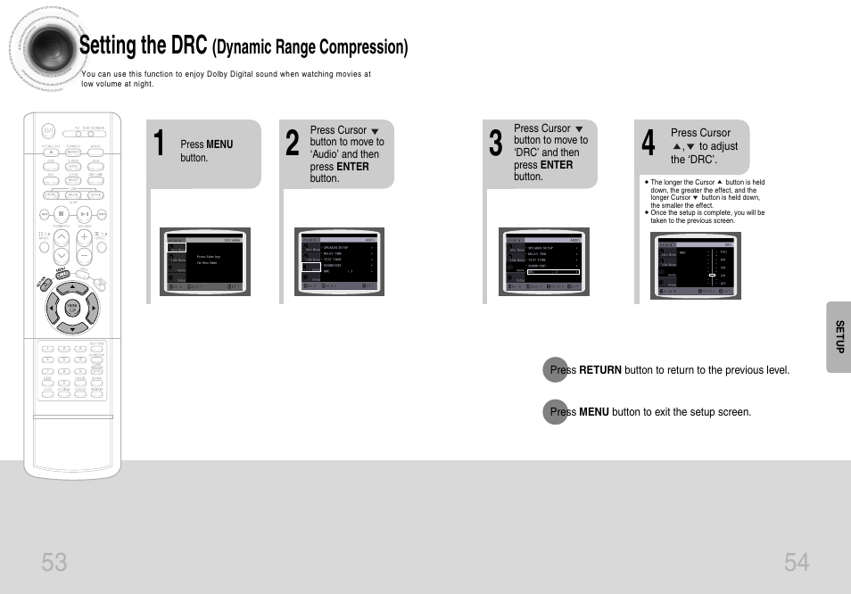 Setting the drc (dynamic range compression), 53 54 setting the drc | Samsung HTDB650TH-XAA User Manual | Page 28 / 37