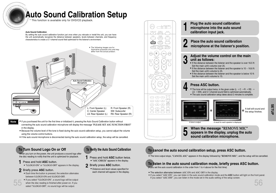 Auto sound calibration setup, 56 55 auto sound calibration setup | Samsung HTDB650TH-XAA User Manual | Page 29 / 37