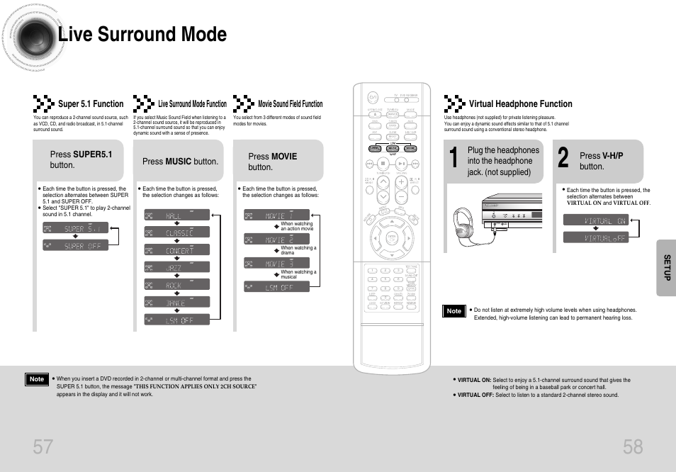 Live surround mode, Linear pcm, Lc r sw ls rs | Pbc chap prgm rds rt ta, Pbc chap prgm ta, Pbc chap prgm rt ta, Super 5.1 function, Live surround mode function, Movie sound field function, Virtual headphone function | Samsung HTDB650TH-XAA User Manual | Page 30 / 37