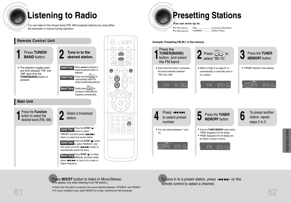 Radio operation, Listening to radio, Presetting stations | 61 62 listening to radio | Samsung HTDB650TH-XAA User Manual | Page 32 / 37