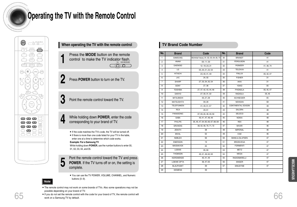 Operating the tv with the remote control, 65 66 operating the tv with the remote control, When operating the tv with the remote control | Press power button to turn on the tv, Point the remote control toward the tv, Tv brand code number, Miscellaneous | Samsung HTDB650TH-XAA User Manual | Page 34 / 37