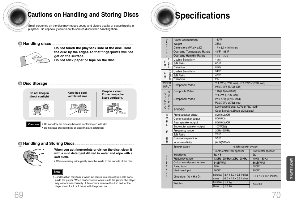 Cautions on handling and storing discs, Specifications, 70 specifications 69 | Samsung HTDB650TH-XAA User Manual | Page 36 / 37