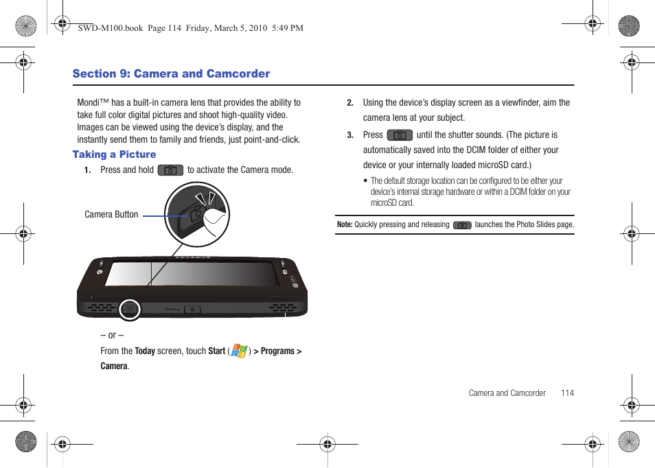 Section 9: camera and camcorder, Taking a picture | Samsung SWD-M100ZKECLW User Manual | Page 117 / 158