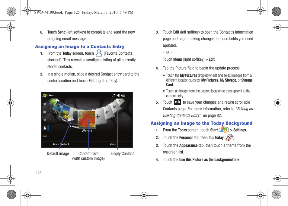 Assigning an image to a contacts entry, Assigning an image to the today background | Samsung SWD-M100ZKECLW User Manual | Page 128 / 158