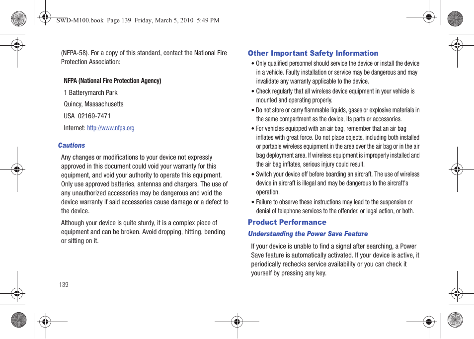 Other important safety information, Product performance | Samsung SWD-M100ZKECLW User Manual | Page 142 / 158