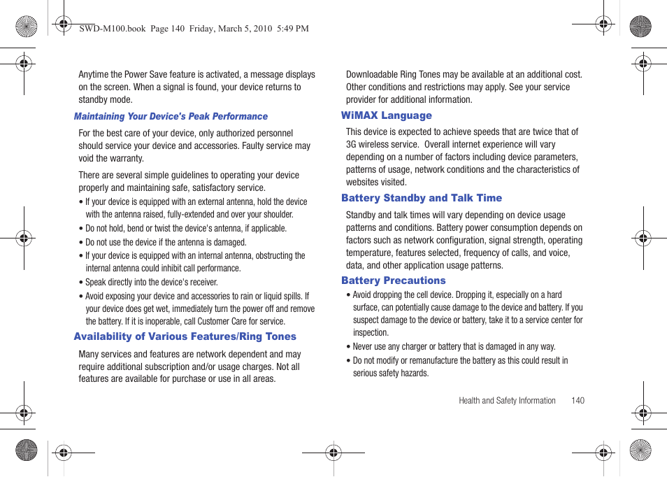 Availability of various features/ring tones, Wimax language, Battery standby and talk time | Battery precautions | Samsung SWD-M100ZKECLW User Manual | Page 143 / 158