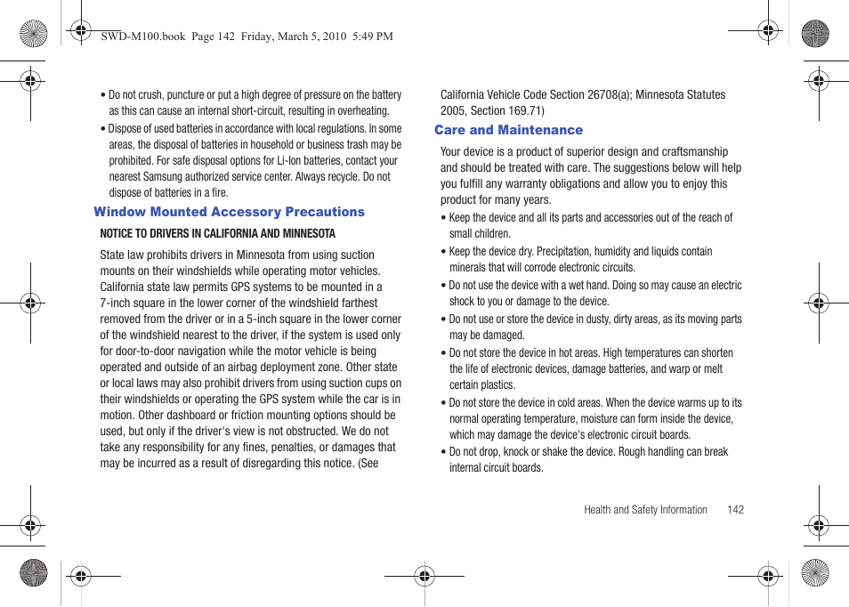 Window mounted accessory precautions, Care and maintenance | Samsung SWD-M100ZKECLW User Manual | Page 145 / 158