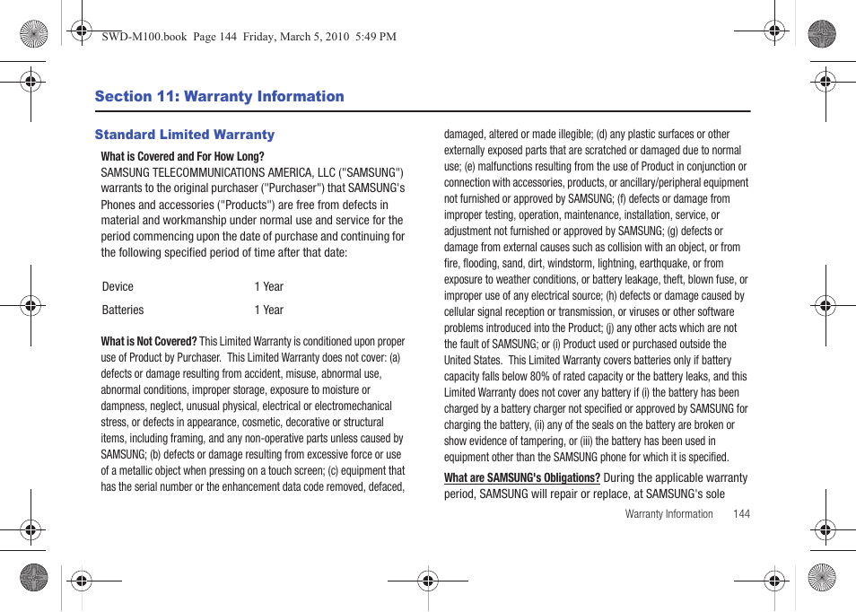 Section 11: warranty information, Standard limited warranty | Samsung SWD-M100ZKECLW User Manual | Page 147 / 158