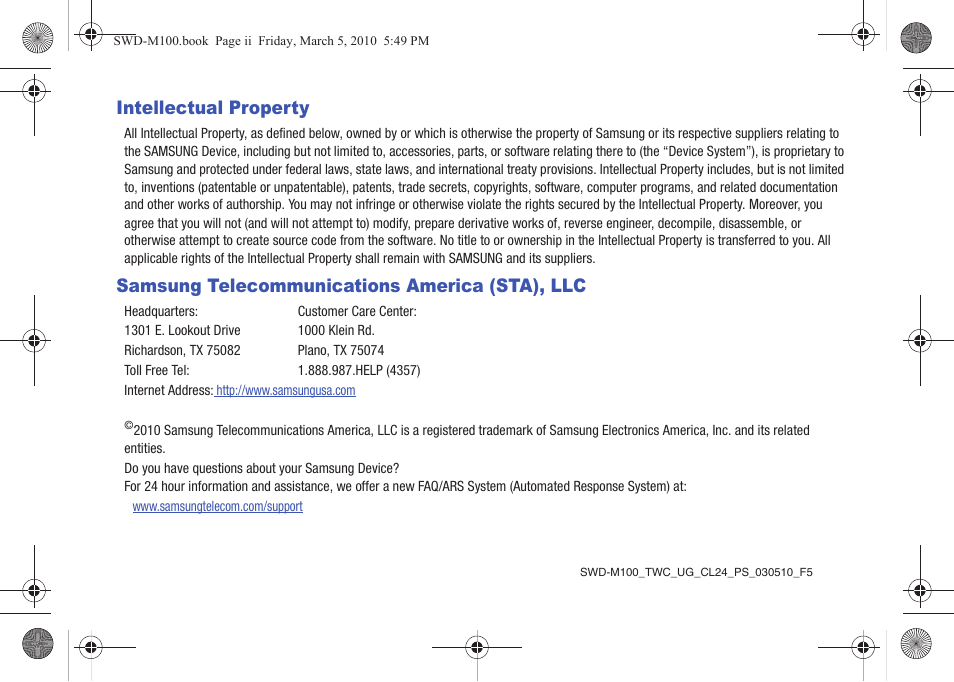 Intellectual property, Samsung telecommunications america (sta), llc | Samsung SWD-M100ZKECLW User Manual | Page 2 / 158