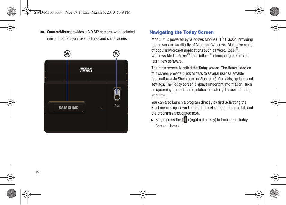 Navigating the today screen | Samsung SWD-M100ZKECLW User Manual | Page 22 / 158