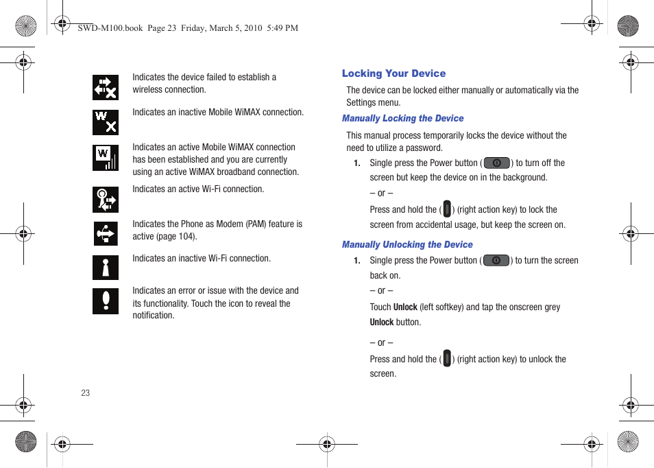 Locking your device | Samsung SWD-M100ZKECLW User Manual | Page 26 / 158