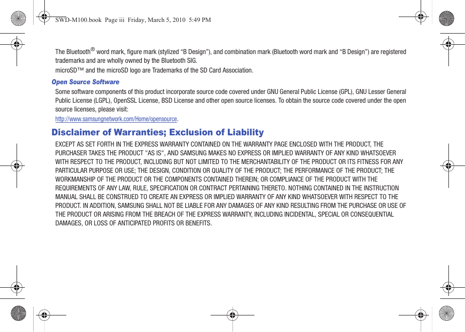 Disclaimer of warranties; exclusion of liability | Samsung SWD-M100ZKECLW User Manual | Page 3 / 158