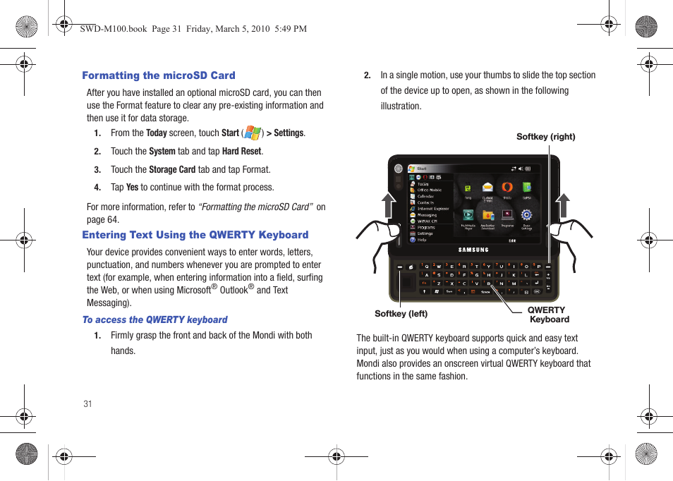 Formatting the microsd card, Entering text using the qwerty keyboard | Samsung SWD-M100ZKECLW User Manual | Page 34 / 158