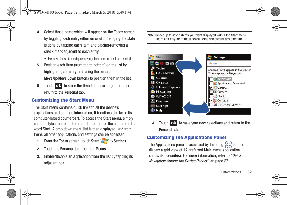 Customizing the start menu, Customizing the applications panel | Samsung SWD-M100ZKECLW User Manual | Page 55 / 158