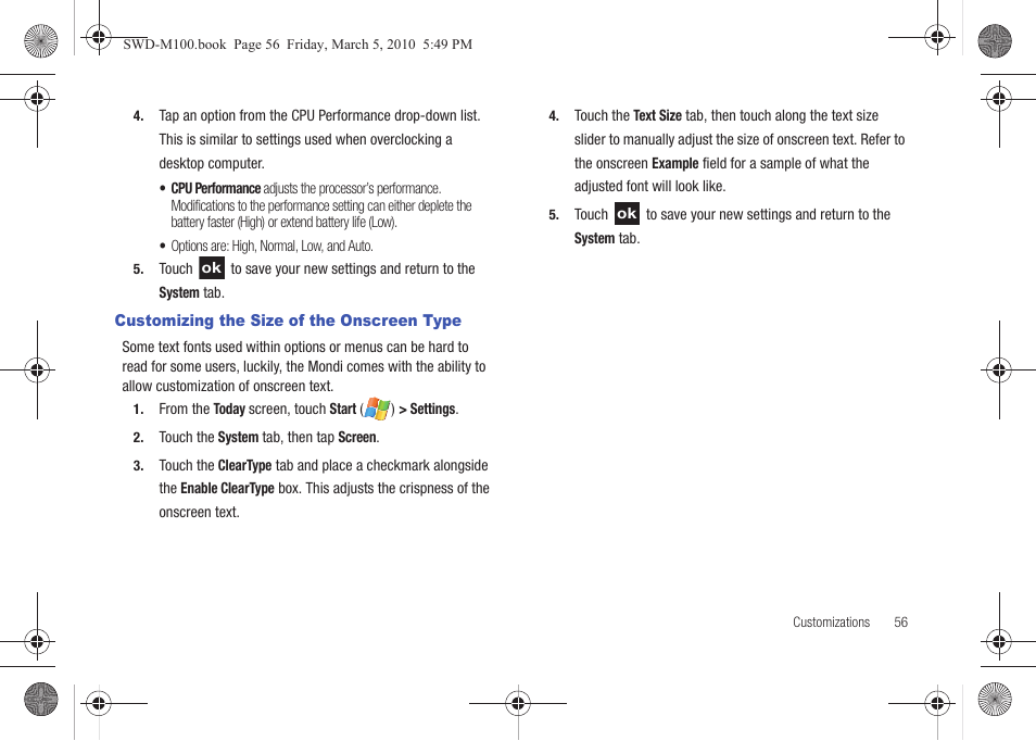 Customizing the size of the onscreen type | Samsung SWD-M100ZKECLW User Manual | Page 59 / 158