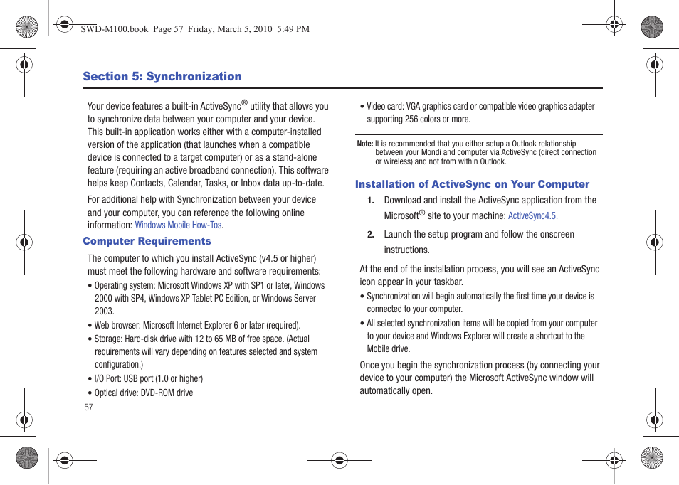 Section 5: synchronization, Computer requirements, Installation of activesync on your computer | Samsung SWD-M100ZKECLW User Manual | Page 60 / 158