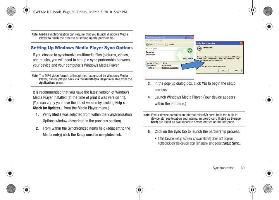 Setting up windows media player sync options | Samsung SWD-M100ZKECLW User Manual | Page 63 / 158