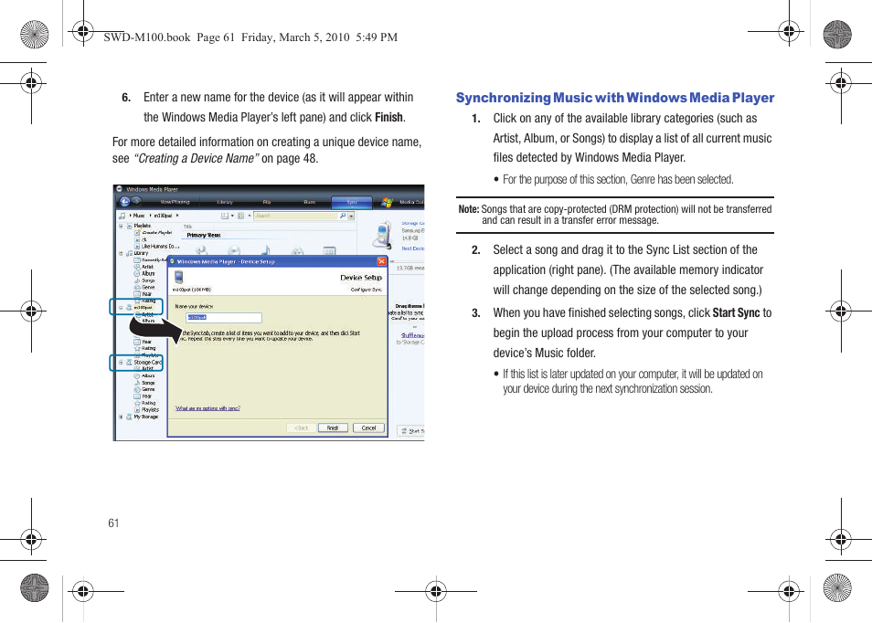 Synchronizing music with windows media player | Samsung SWD-M100ZKECLW User Manual | Page 64 / 158