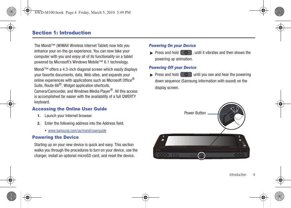 Section 1: introduction, Accessing the online user guide, Powering the device | Samsung SWD-M100ZKECLW User Manual | Page 7 / 158