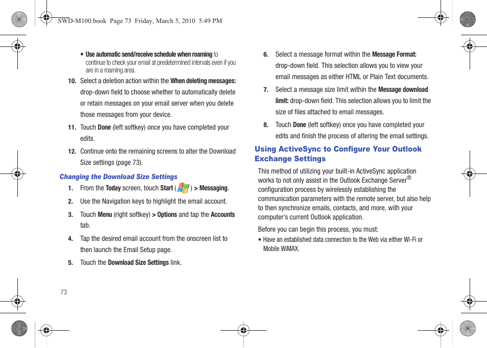 Using activesync to configure your outlook, Exchange settings | Samsung SWD-M100ZKECLW User Manual | Page 76 / 158