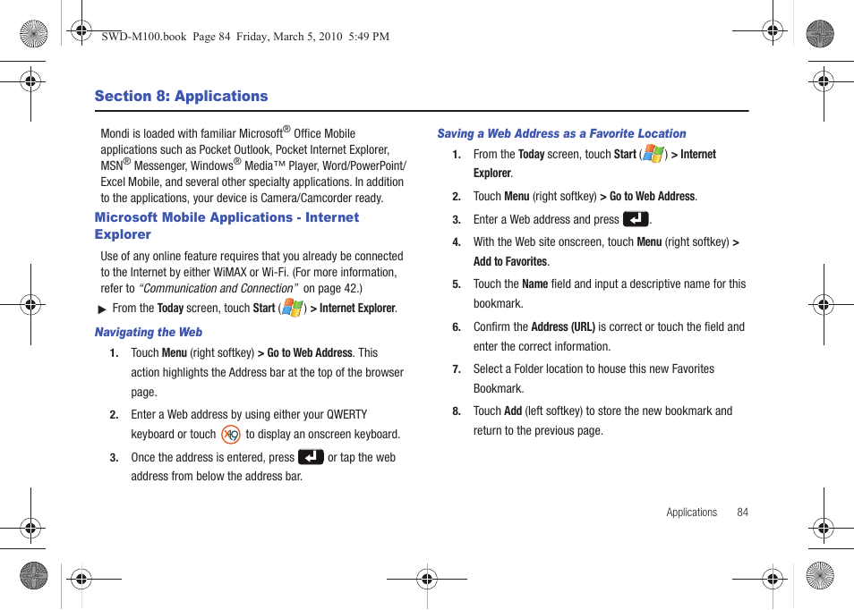 Section 8: applications, Microsoft mobile applications - internet explorer | Samsung SWD-M100ZKECLW User Manual | Page 87 / 158