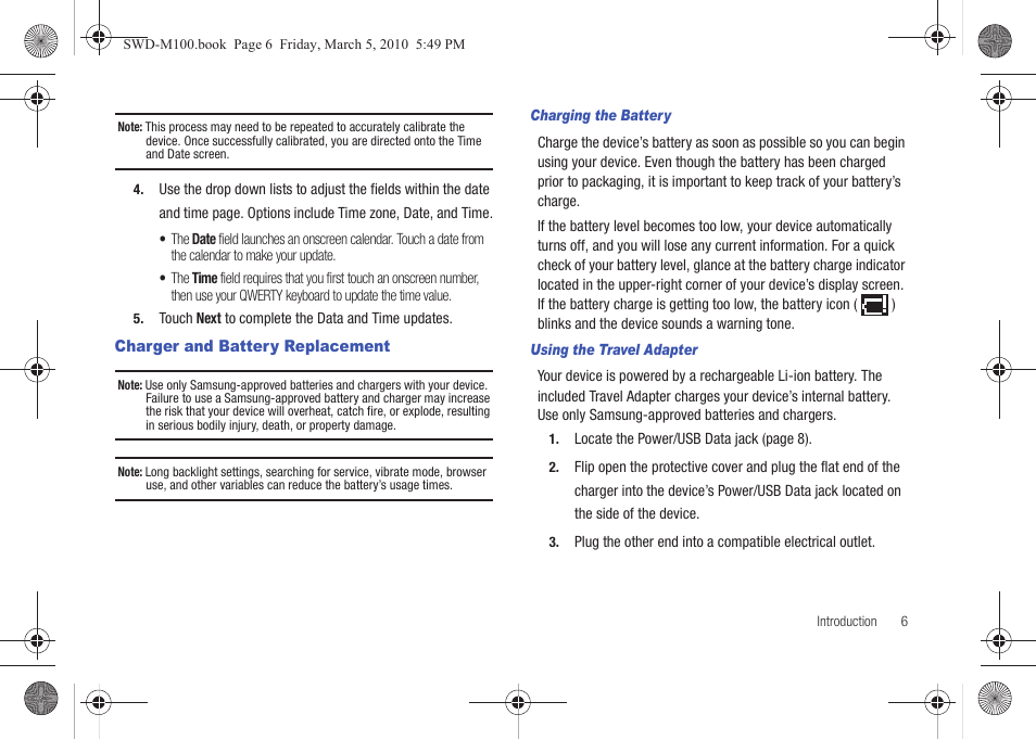 Charger and battery replacement | Samsung SWD-M100ZKECLW User Manual | Page 9 / 158