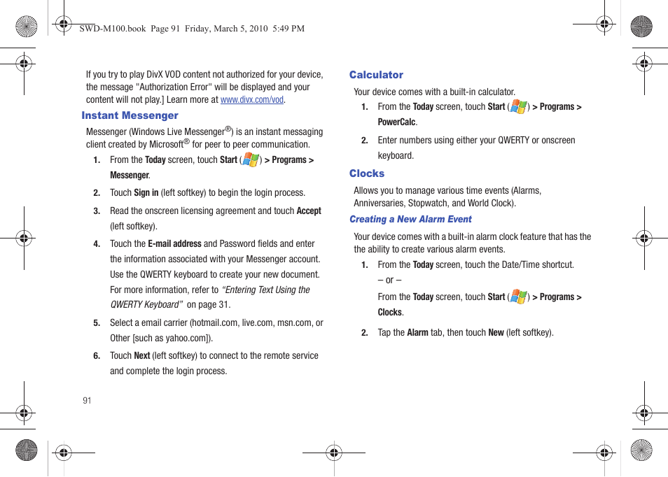 Instant messenger, Calculator, Clocks | Instant messenger calculator clocks | Samsung SWD-M100ZKECLW User Manual | Page 94 / 158