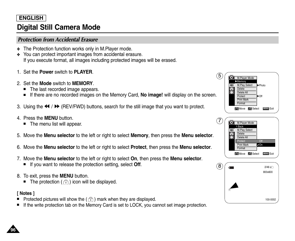 Protection from accidental erasure, Digital still camera mode, English | Samsung SC-D453-XAA User Manual | Page 100 / 124