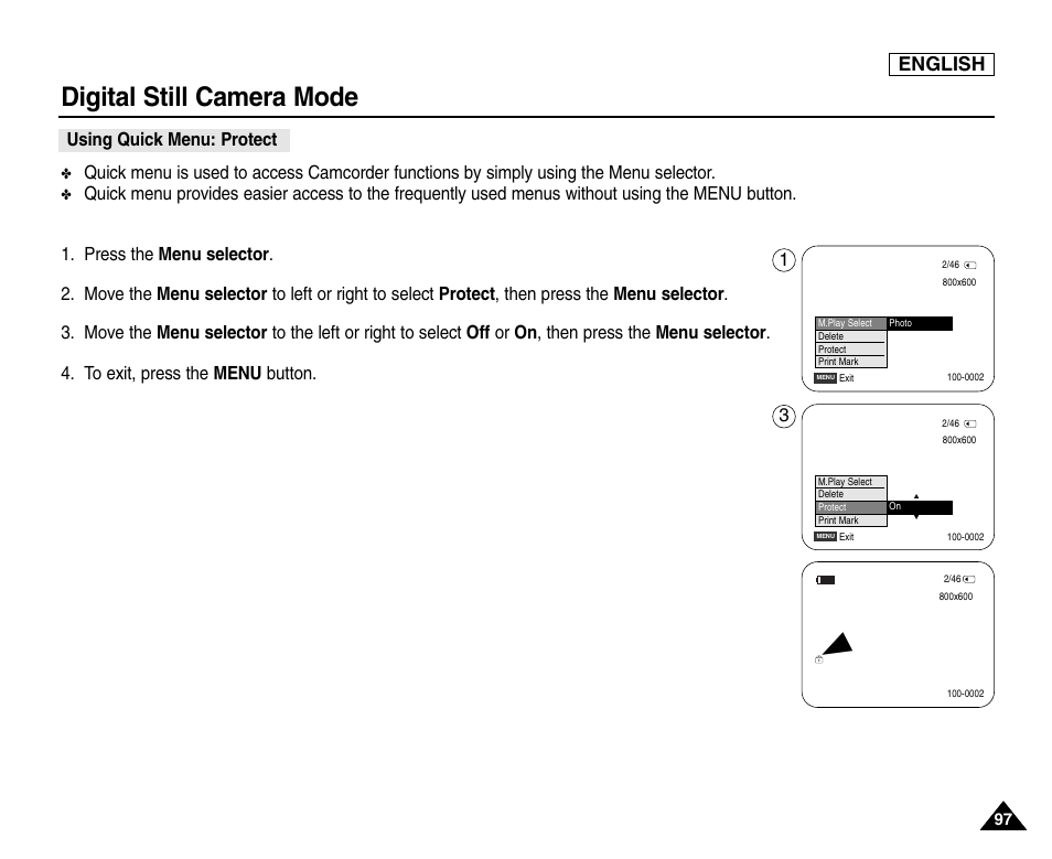 Using quick menu: protect, Digital still camera mode, English | Samsung SC-D453-XAA User Manual | Page 101 / 124