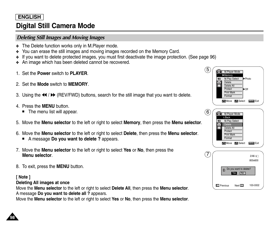 Deleting still images and moving images, Digital still camera mode, English | The delete function works only in m.player mode | Samsung SC-D453-XAA User Manual | Page 102 / 124