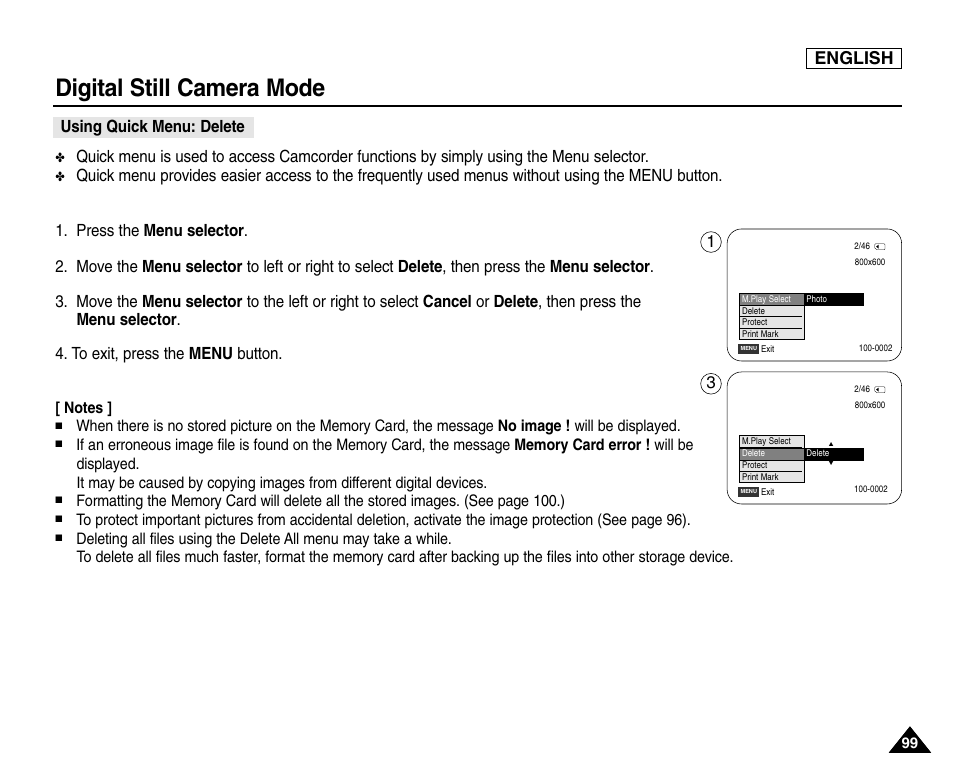 Using quick menu: delete, Digital still camera mode, English | Samsung SC-D453-XAA User Manual | Page 103 / 124