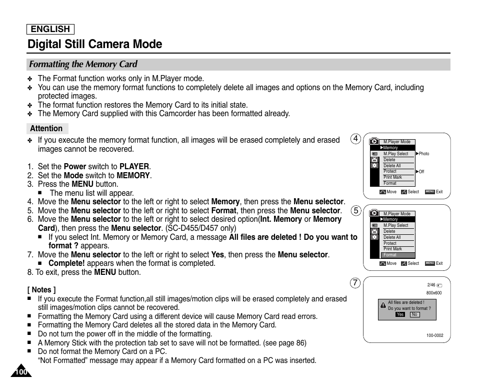 Formatting the memory card, Digital still camera mode, English | The format function works only in m.player mode, Attention | Samsung SC-D453-XAA User Manual | Page 104 / 124