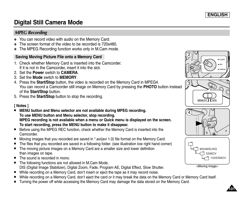 Mpeg recording, Saving moving picture file onto a memory card, Digital still camera mode | Samsung SC-D453-XAA User Manual | Page 105 / 124