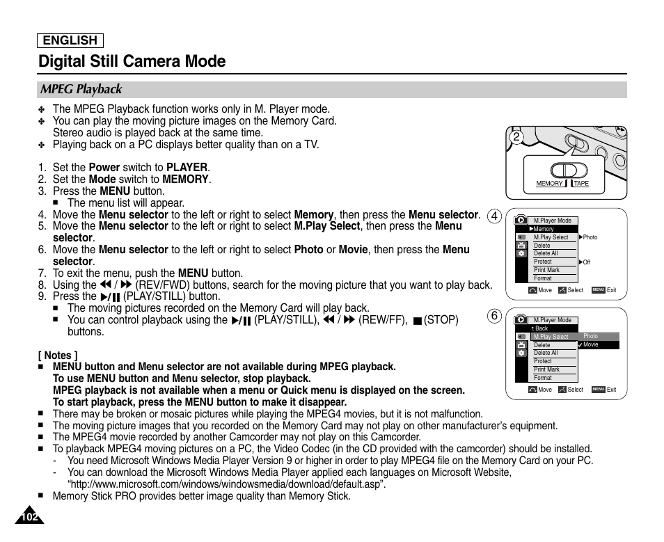 Mpeg playback, Digital still camera mode, English | Samsung SC-D453-XAA User Manual | Page 106 / 124