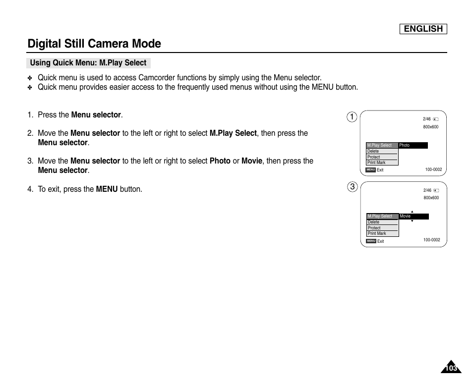 Using quick menu: mplay select, Digital still camera mode, English | Using quick menu: m.play select | Samsung SC-D453-XAA User Manual | Page 107 / 124