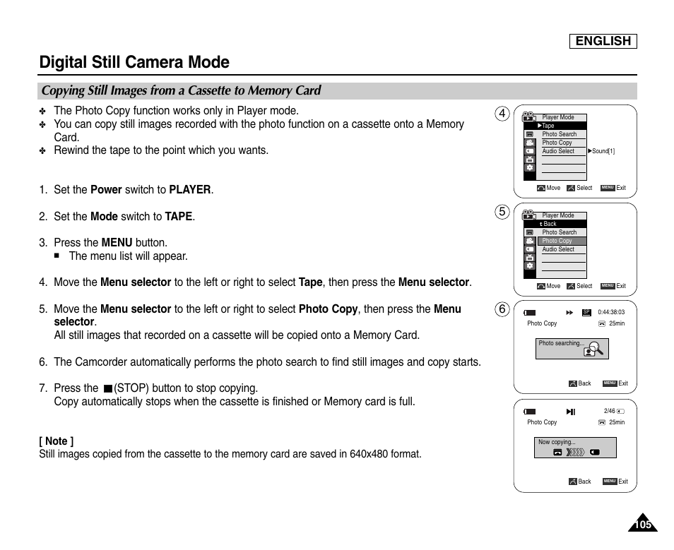 Digital still camera mode, English, The photo copy function works only in player mode | Samsung SC-D453-XAA User Manual | Page 109 / 124