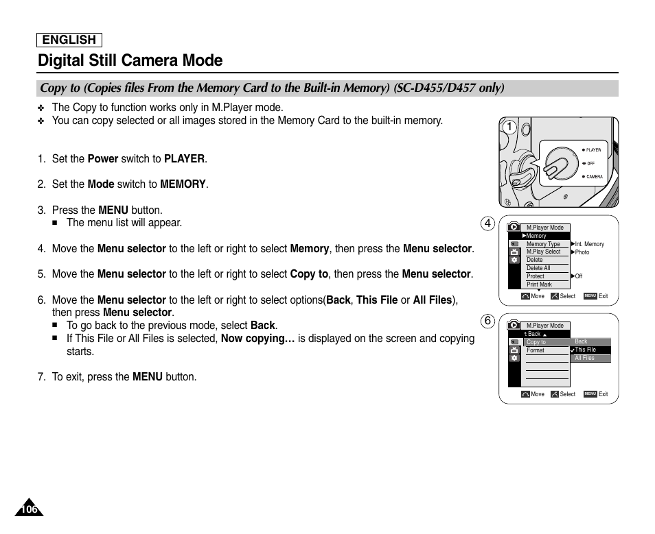 Digital still camera mode, English, The copy to function works only in m.player mode | Samsung SC-D453-XAA User Manual | Page 110 / 124