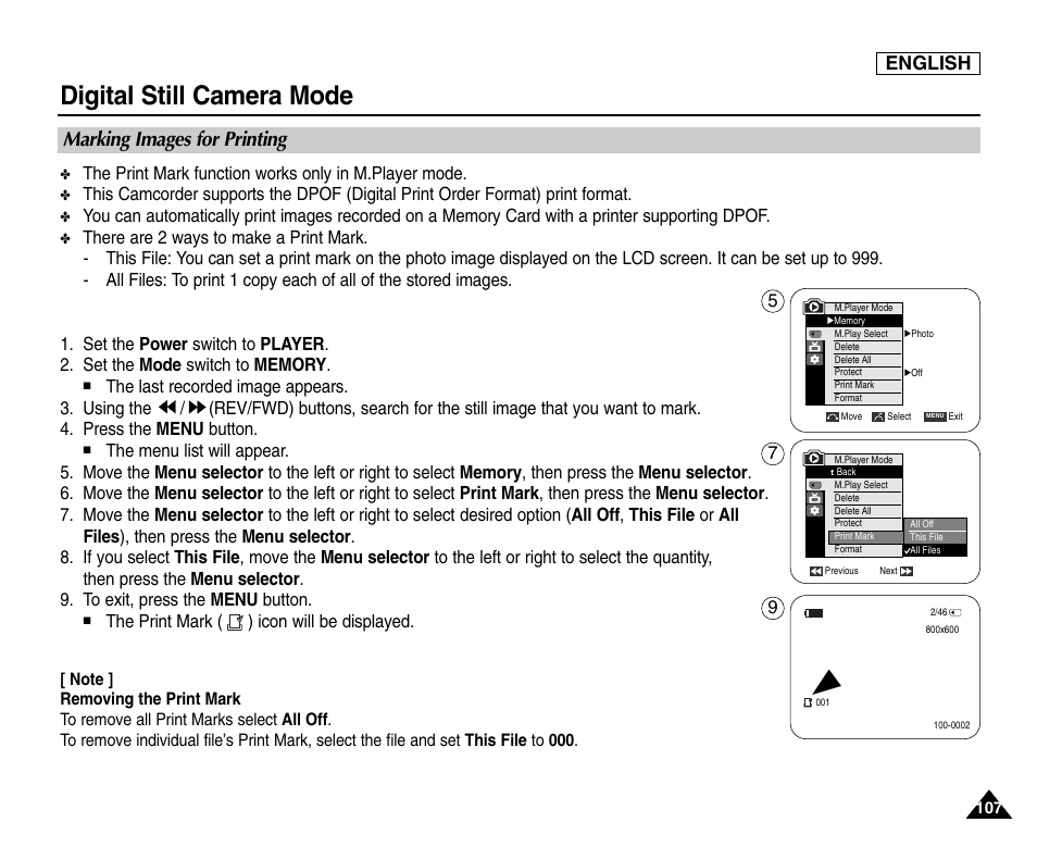 Marking images for printing, Digital still camera mode, English | Samsung SC-D453-XAA User Manual | Page 111 / 124