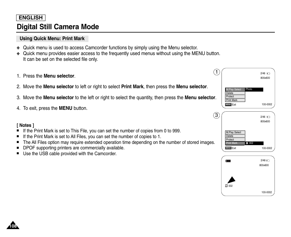 Using quick menu: print mark, Digital still camera mode, English | Samsung SC-D453-XAA User Manual | Page 112 / 124