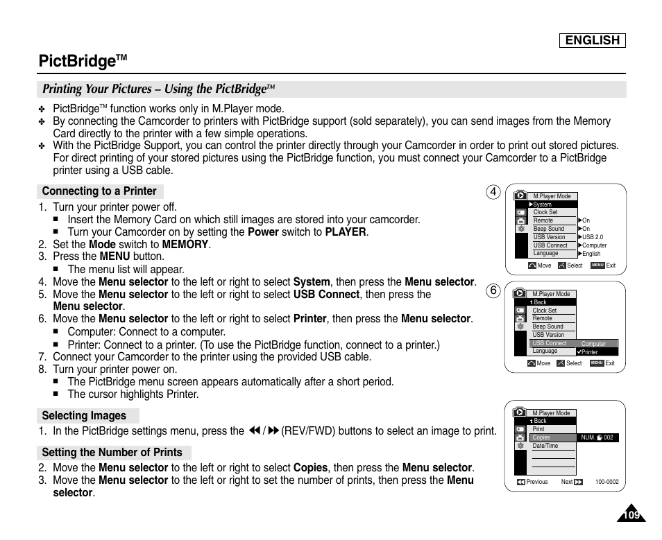 Pictbridgetm, Printing your pictures – using the pictbridge, English | Pictbridge, Function works only in m.player mode, Computer: connect to a computer | Samsung SC-D453-XAA User Manual | Page 113 / 124