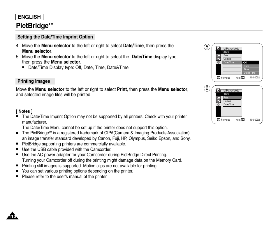 Pictbridge, English, Printing images | Setting the date/time imprint option | Samsung SC-D453-XAA User Manual | Page 114 / 124